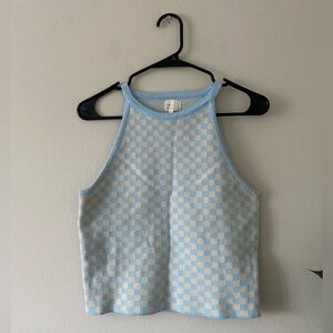 Dee Elly Cream Pastel Baby Blue Gingham Checkered Halter Sweater Tank size L
